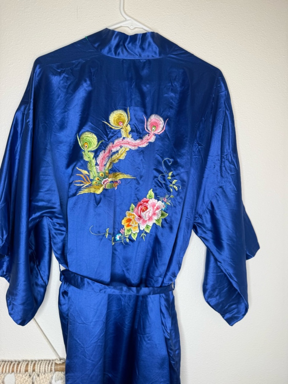 Vtg Chinese Silk Robe Royal Blue Double Peach Floral Embroidery Kimono Phoenix - Picture 2 of 11